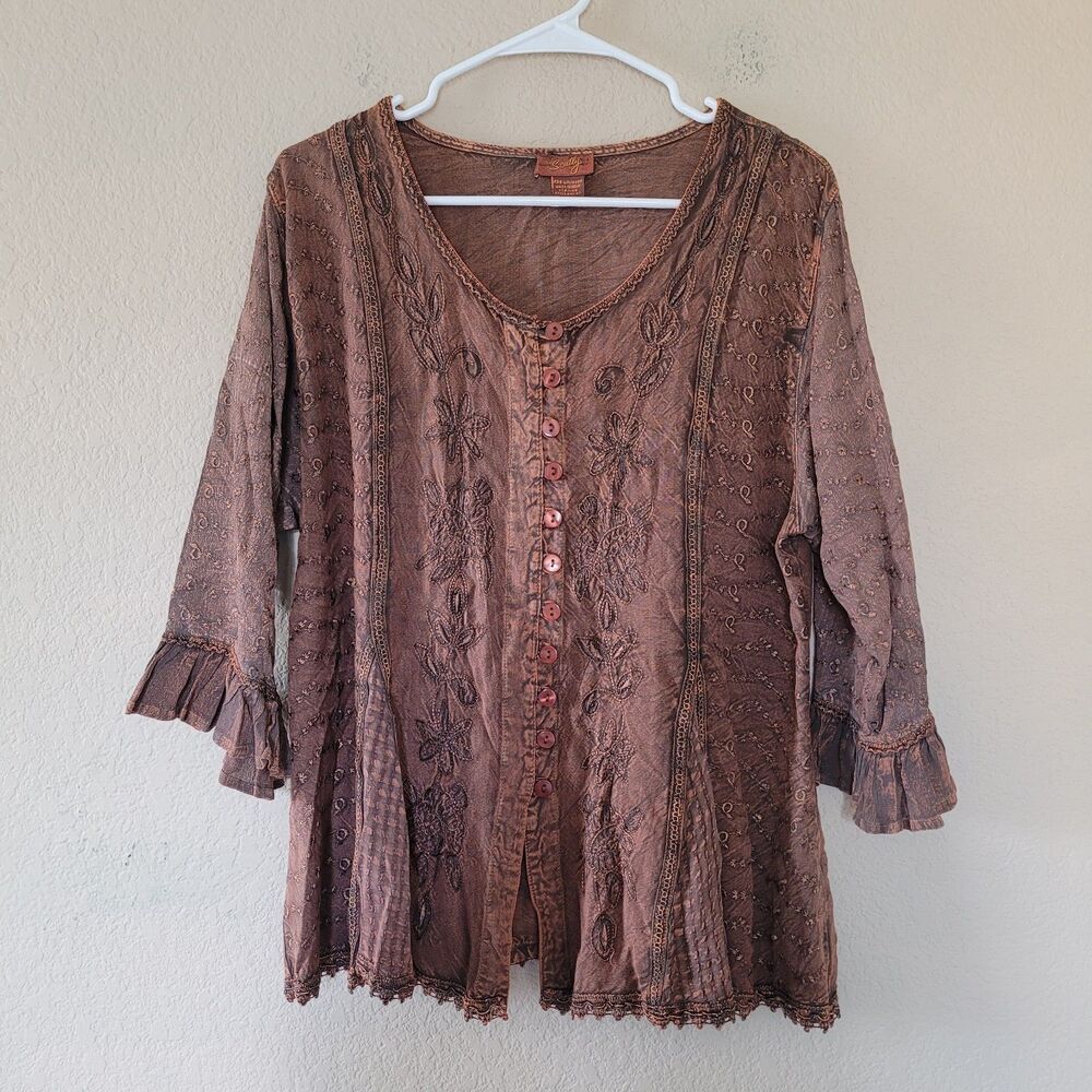 Scully Blouse Womens Large Brown Western Embroidered Bohemian Floral Button Tie